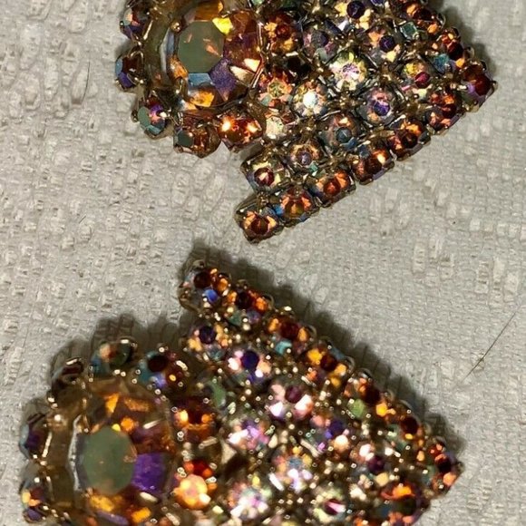 Vintage Signed HOBE Clip Earrings, AB Crystal - Picture 1 of 6